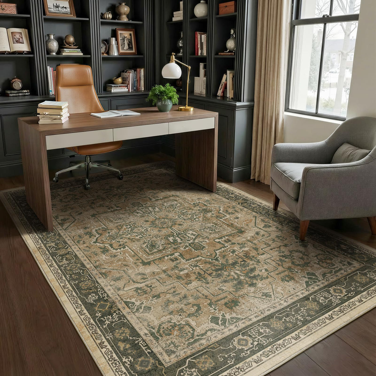 Vintage Distressed 5x7 Area Rugs for Living Room Bedroom Non Slip Washable, Medallion Pattern Printed Low Pile Thin Carpet Rugs for Dining Room/Kitchen/Home Office, Multi Brown Olive Accents