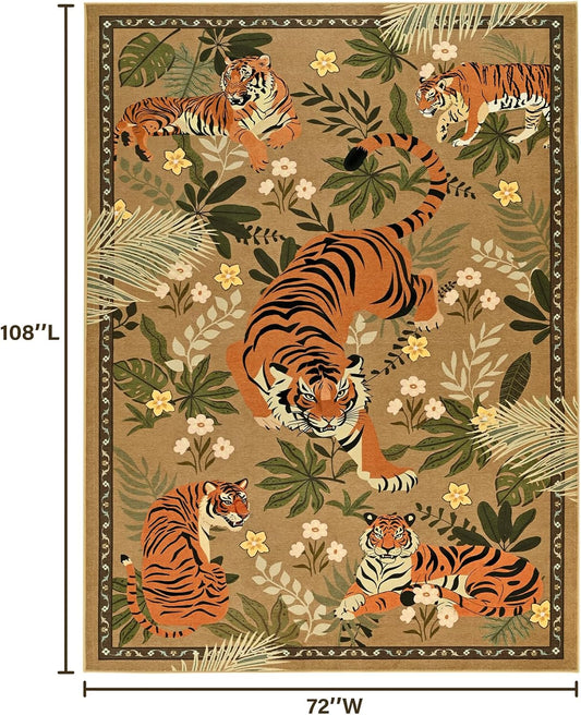 Zentavio Tiger Area Rug 6x9, Vintage Safari Animal Print Rug, Washable Non Slip Boho Camel Carpet for Living Room Bedroom