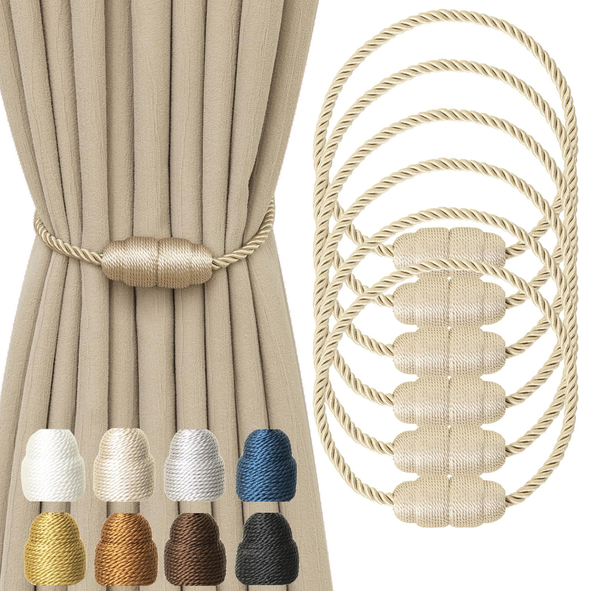 Magnetic Curtain Tiebacks Rope Curtain Tie Backs for Curtains 6 Pack Curtain Holders for Drapes Decorative Window Curtain Holdbacks, Gold