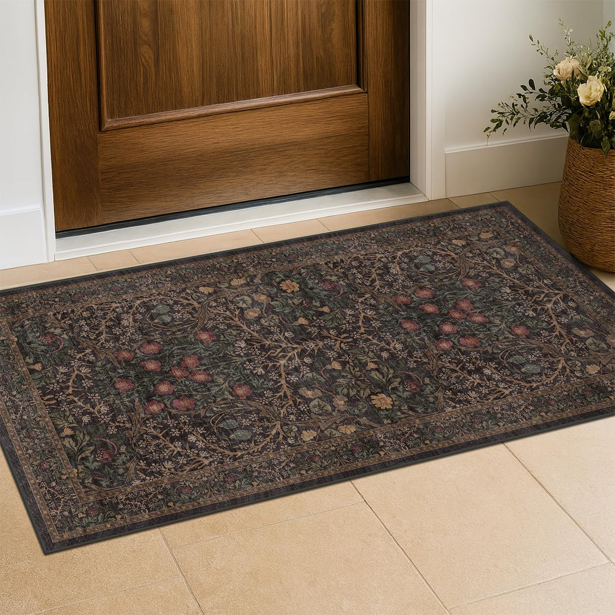 Floral Dark Green Washable Area Rugs 8x10, Vintage Living Room Rug