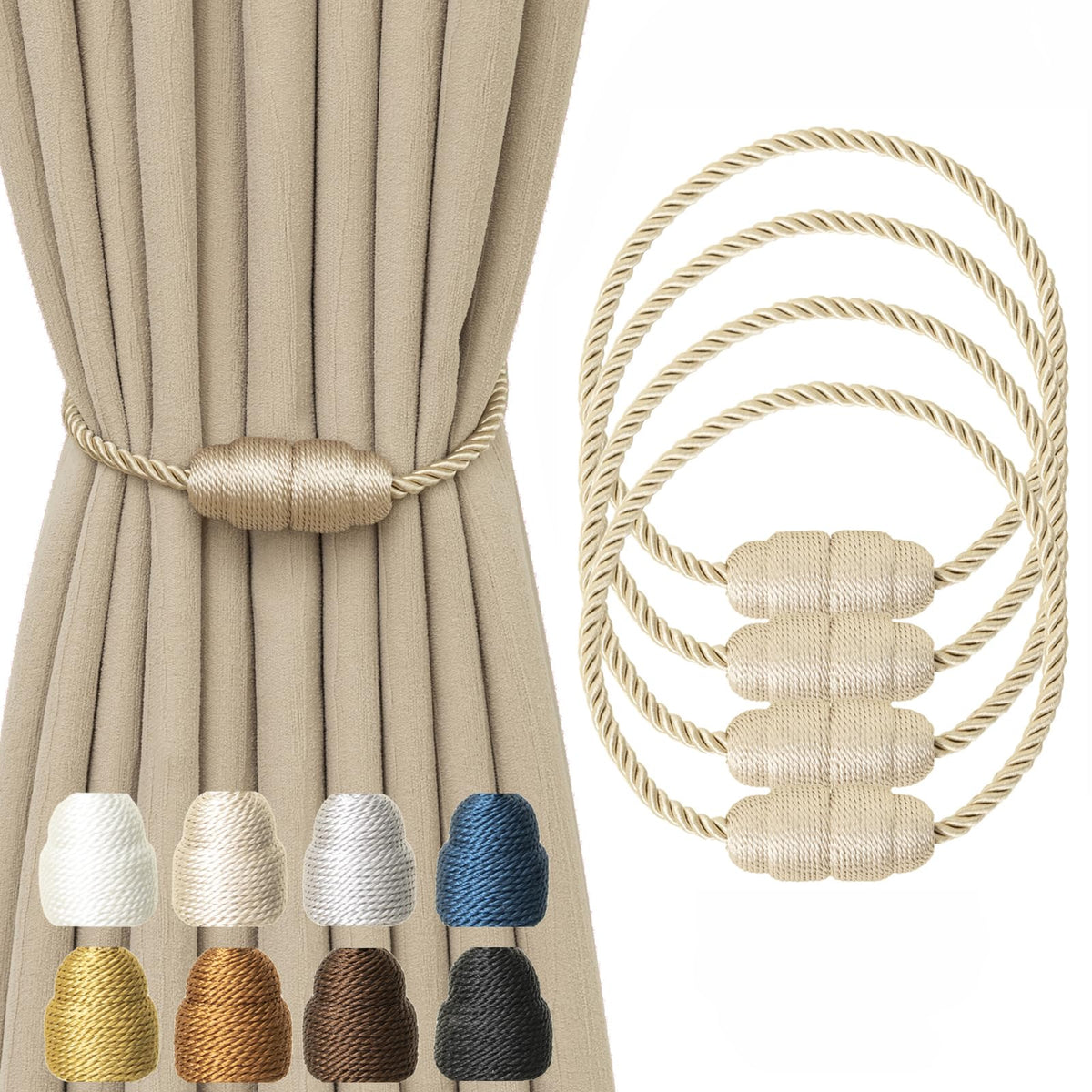 Magnetic Curtain Tiebacks Rope Curtain Tie Backs for Curtains 6 Pack Curtain Holders for Drapes Decorative Window Curtain Holdbacks, Gold