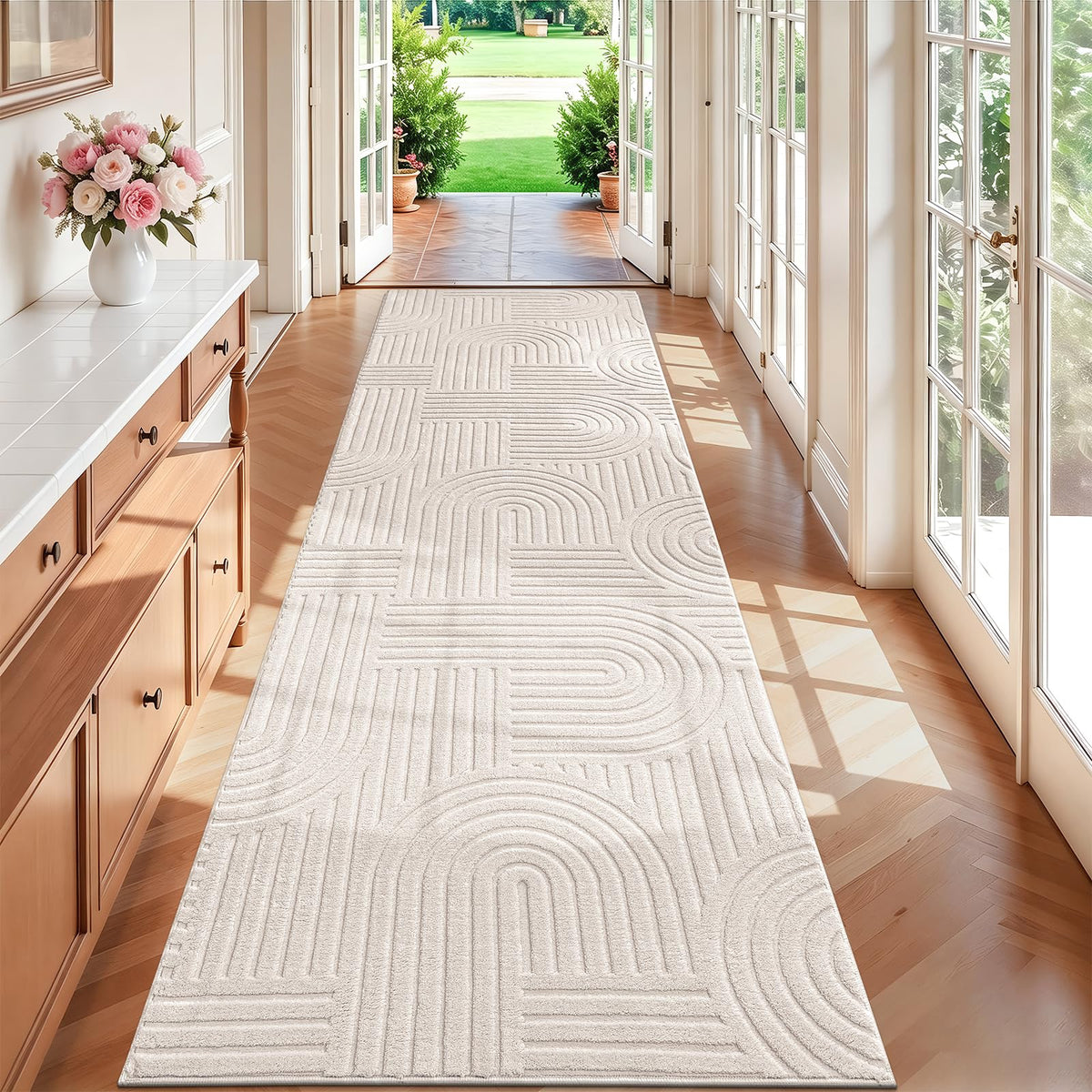 SHACOS Soft Cozy Fluffy Arch Pattern High-Low Pile Textured Area Rug 5'3"x7'3" Non Slip Washable Modern Geometric Rug Stain Resistant Contemporary Carpet for Living Room Bedroom Dining Room, Beige