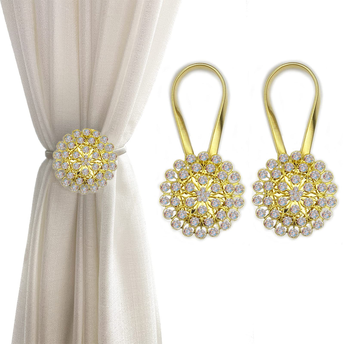 Magnetic Tiebacks for Curtains, 2 Pack Sparkling Crystal Flower Curtain Tiebacks Curtain Buckle Clips with High-Elastic Spring Wire for Home Office Decoration (White)
