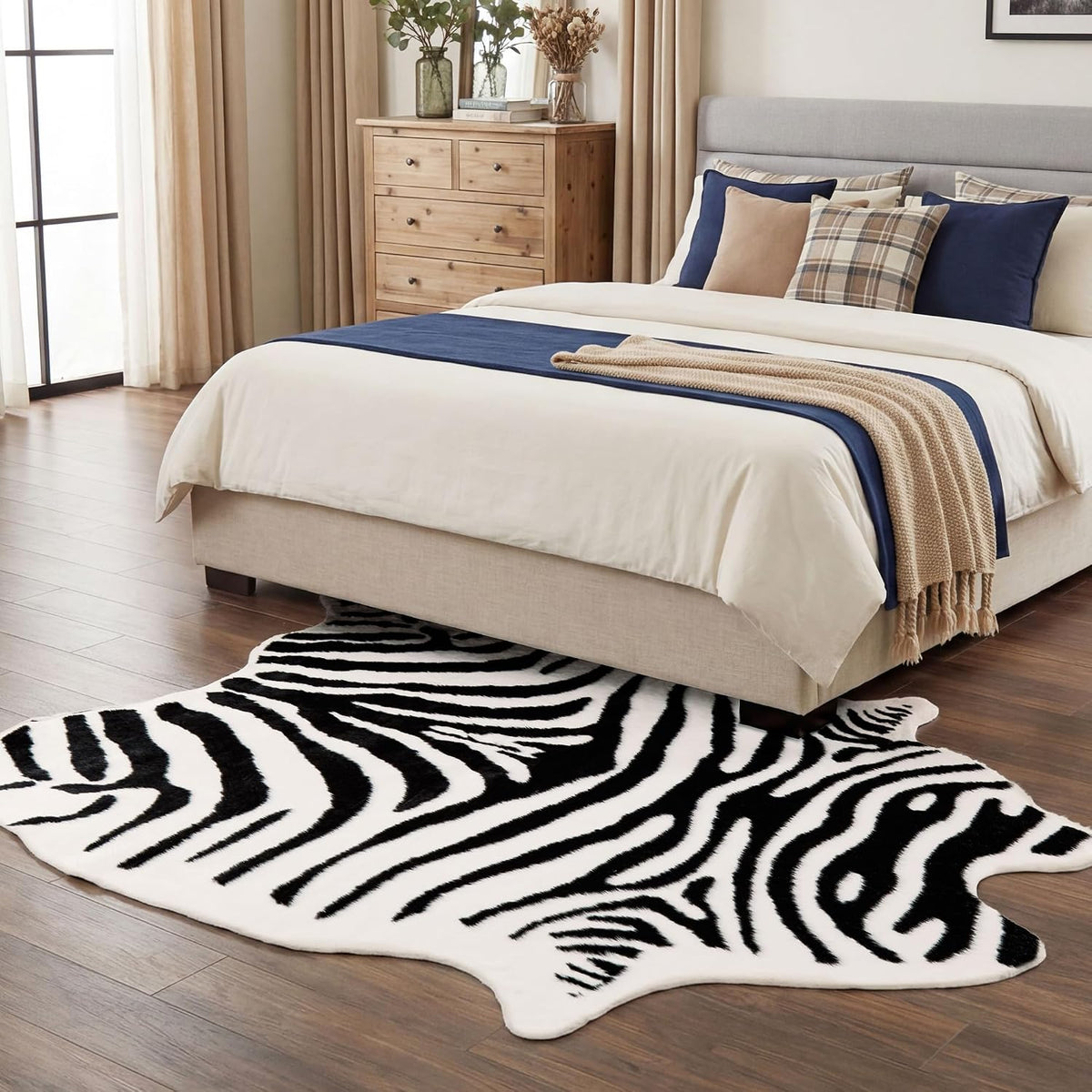 JONIYEAR Large Durable Faux Zebrahide Area Rug 4.9 x 6.56 Feet, Premium Zebra Print Rug for Living Room Bedroom, Durable Faux Fur Animal Zebra Hide Carpet for Western Farmhouse Decor, Black and White