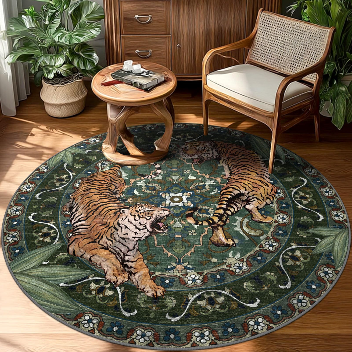 Tiger Round Area Rugs for Living Room 6ft, Boho Green Animal Print Bedroom Circle Rugs Non Slip, Washable Botanical Jungle Floor Carpet for Dining Room Entryway Nursery Playroom Office Spring