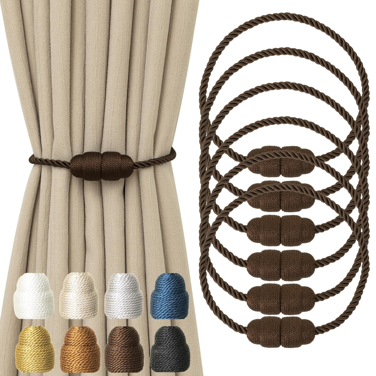 Magnetic Curtain Tiebacks Rope Curtain Tie Backs for Curtains 6 Pack Curtain Holders for Drapes Decorative Window Curtain Holdbacks, Gold