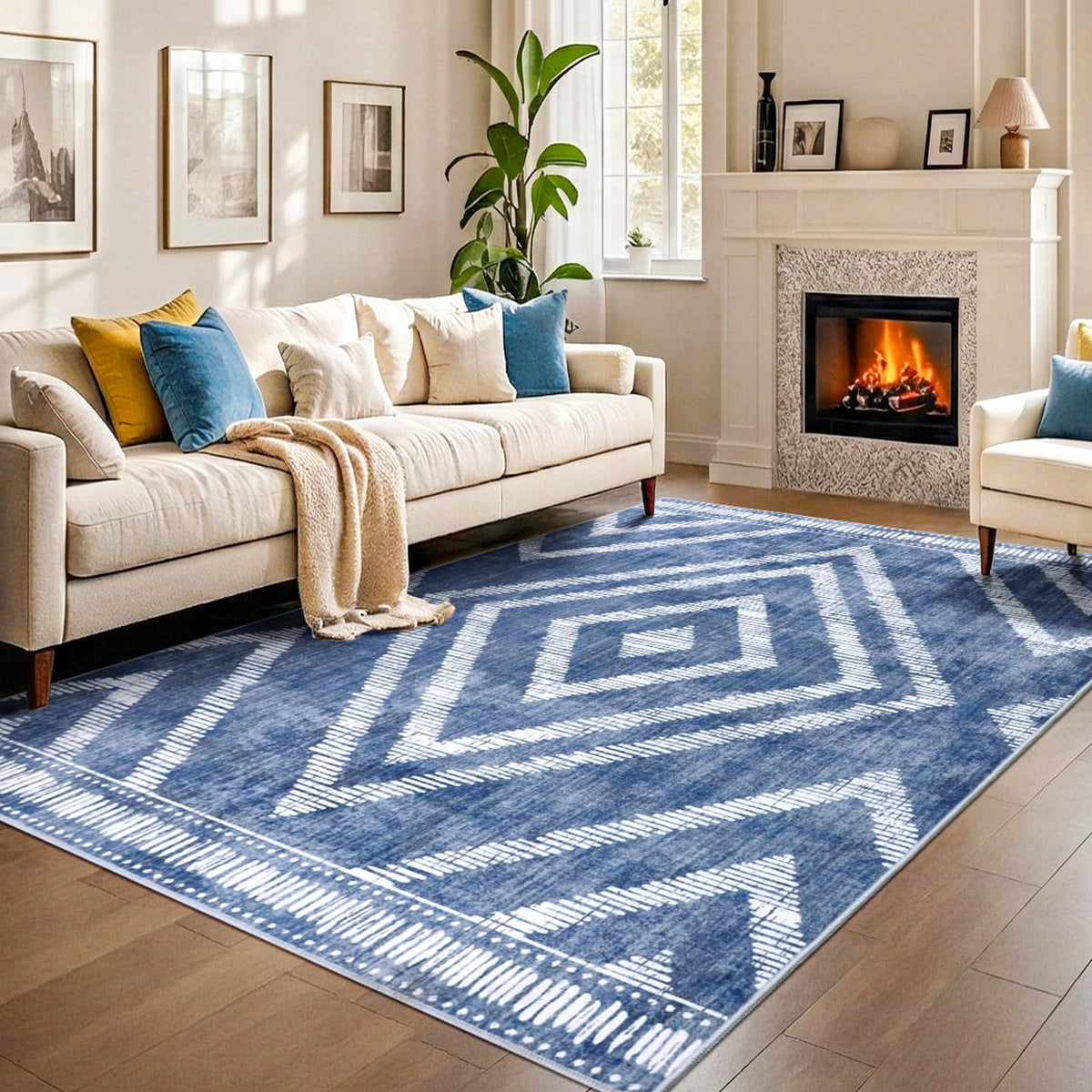Boho Washable Rugs 5x7ft Non Slip, Low Pile Area Rug for Living Room, Brown Moroccan Bedroom Carpets, Non Shedding Soft Floor Carpet for Dining Room Bathroom Nursery Kitchen Office