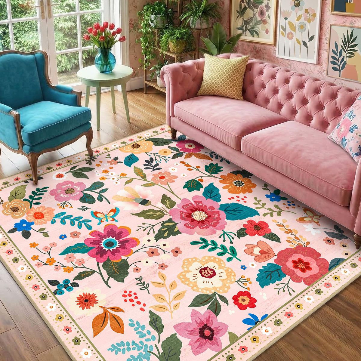 RELEANY Floral Washable 5x7 Area Rugs Black