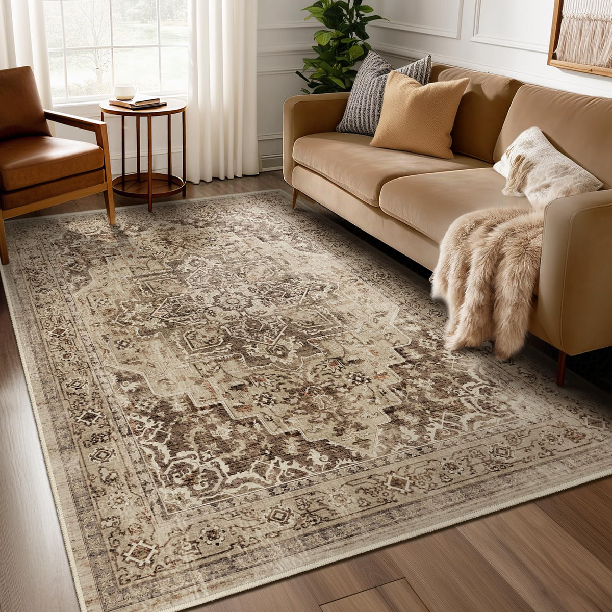 Vintage Distressed 5x7 Area Rugs for Living Room Bedroom Non Slip Washable, Medallion Pattern Printed Low Pile Thin Carpet Rugs for Dining Room/Kitchen/Home Office, Multi Brown Olive Accents