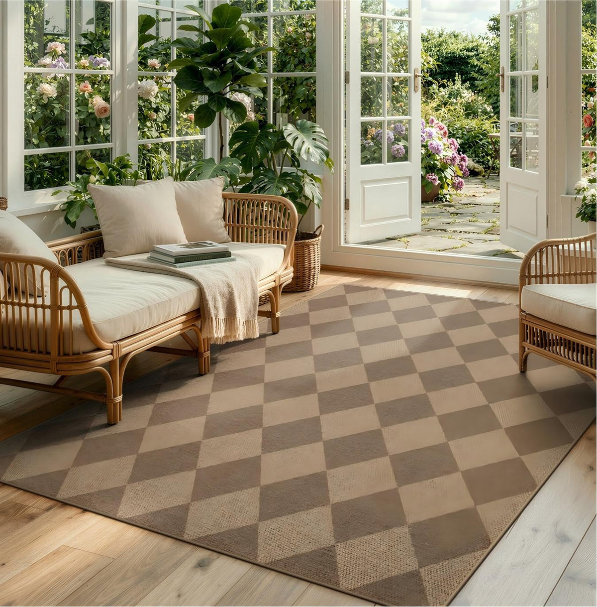 Lahome Checkered Easy Jute 5x7 Area Rugs, Washable Outdoor Patio Rug for Living Room Diamond Indoor Outdoor Carpet, Farmhouse Geometric Non Slip Black Carpet for Backyard Dining Room