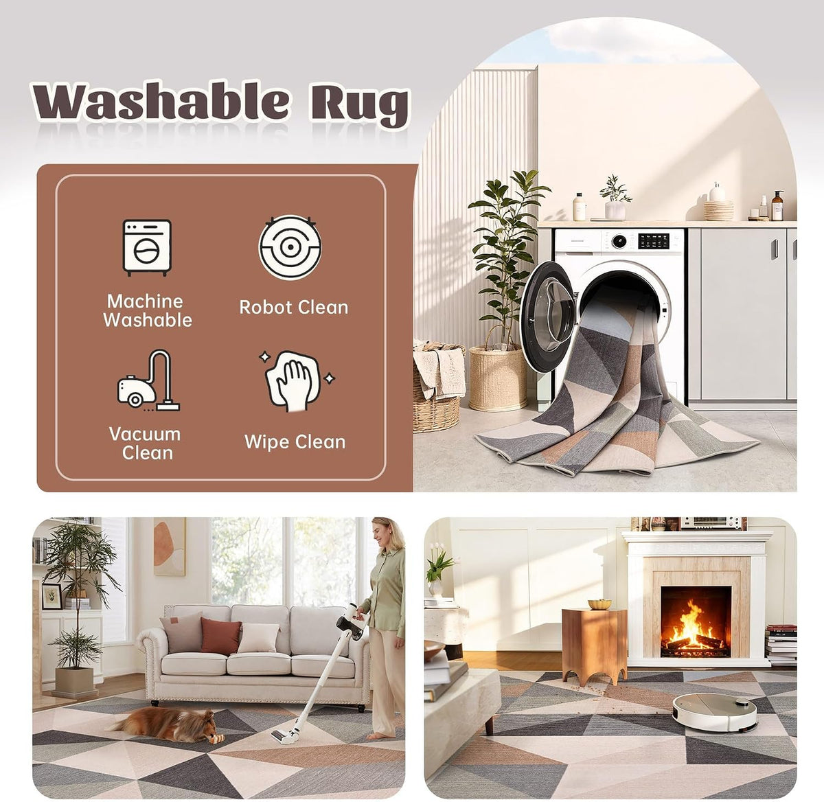 Washable Rug 8x10 Area Rugs: Modern Geometric Area Rug for Living Room Non-Slip Neutral Soft Carpet Low Pile Stain Resistant Indoor Rugs for Bedroom Nursery Dining Room Office (Beige Brown, 8'X10')