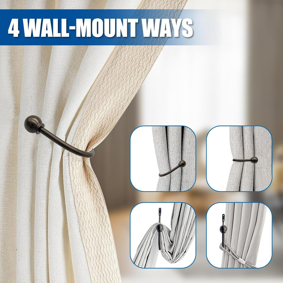 ARNORX Curtain Holdbacks, Hooks, 2 PCS，Solid Steel Hooks, Decorative French Ball End, Curtain Drapery Holdbacks, Wall Mounted, Curtain Tiebacks, Antique Bronze