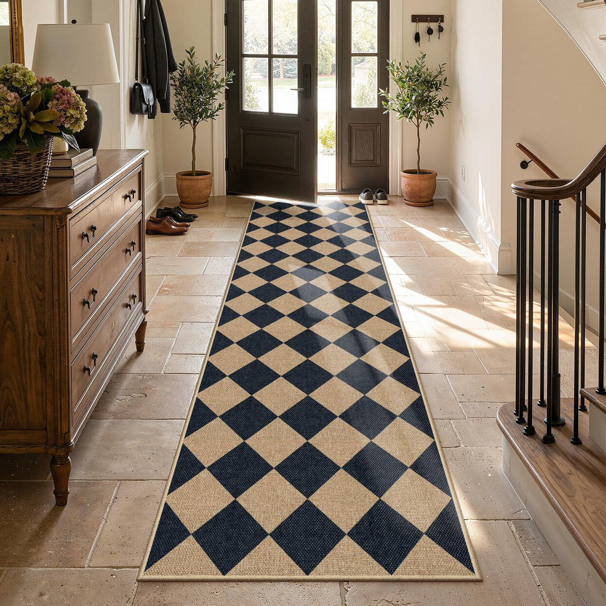 Lahome Checkered Easy Jute 5x7 Area Rugs, Washable Outdoor Patio Rug for Living Room Diamond Indoor Outdoor Carpet, Farmhouse Geometric Non Slip Black Carpet for Backyard Dining Room