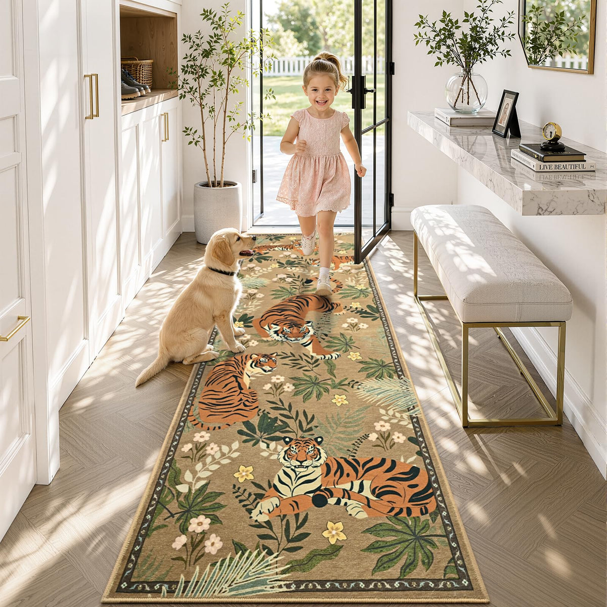 Zentavio Tiger Area Rug 6x9, Vintage Safari Animal Print Rug, Washable Non Slip Boho Camel Carpet for Living Room Bedroom