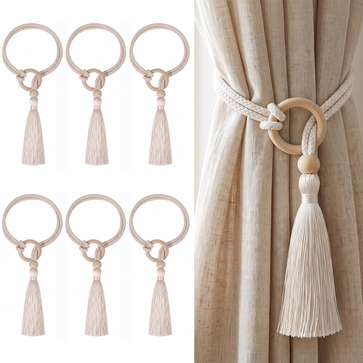 Cotton-Linen Curtain Tiebacks with Tassels (Ivory 4 Pack)