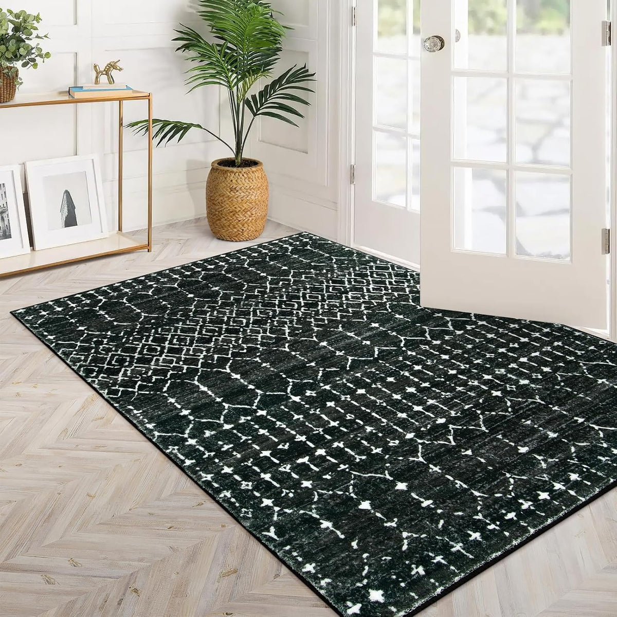 Lahome Moroccan Black Area Rug for Living Room 3x5 Non-Slip Washable Stain Resistant Large Kitchen Rugs Throw Low-Profile Soft Bedroom Carpet Geometric Print Rug for Entryway Dining Room Hana