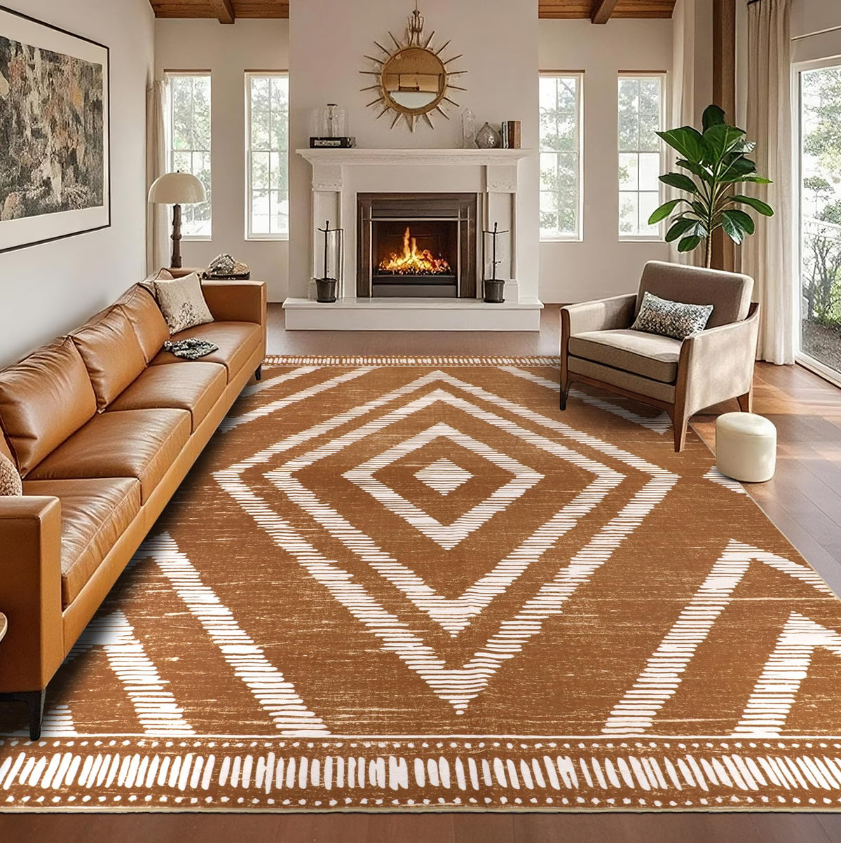 Boho Washable Rugs 5x7ft Non Slip, Low Pile Area Rug for Living Room, Brown Moroccan Bedroom Carpets, Non Shedding Soft Floor Carpet for Dining Room Bathroom Nursery Kitchen Office