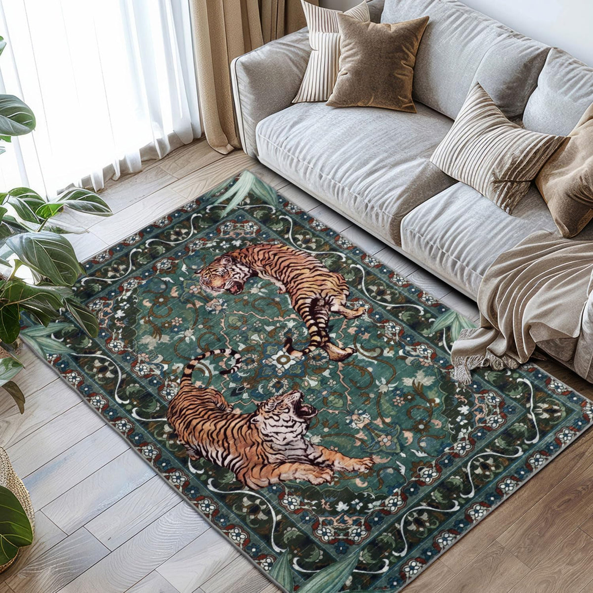 Tiger Round Area Rugs for Living Room 6ft, Boho Green Animal Print Bedroom Circle Rugs Non Slip, Washable Botanical Jungle Floor Carpet for Dining Room Entryway Nursery Playroom Office Spring