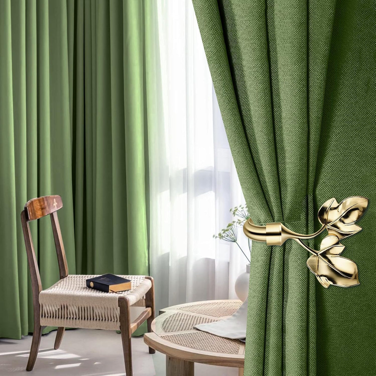 Leaf Shaped Curtain Holdbacks 2pcs, Handmade Metal Curtain Side Holders for Wall, Antique Brass Curtain Tieback Hook Pull Backs for Drapes Window Home Decoration (Gold)