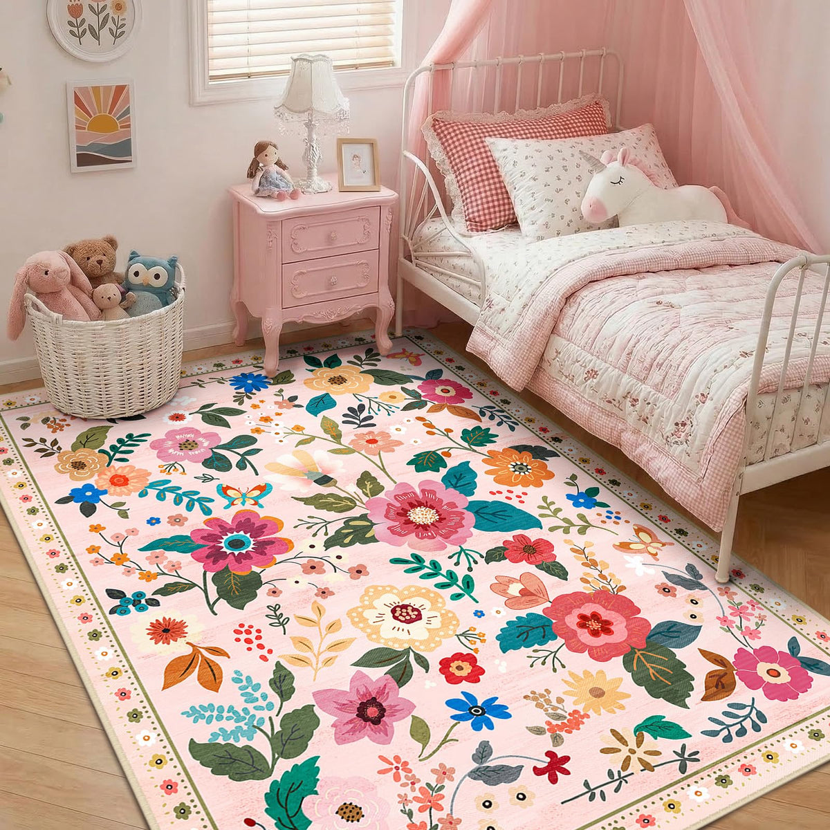 RELEANY Floral Washable 5x7 Area Rugs Black