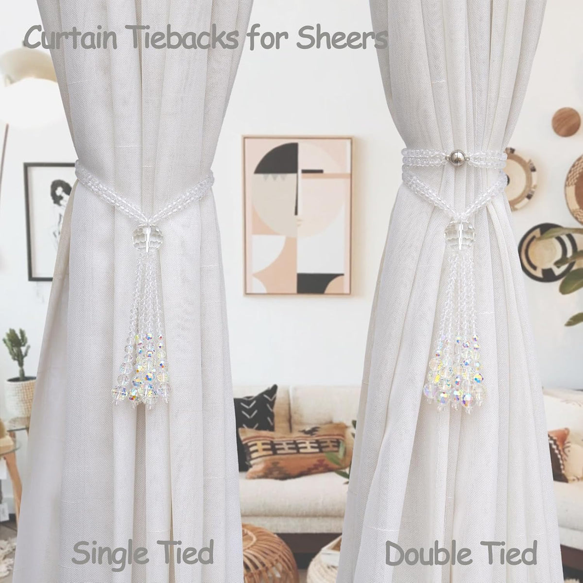 PEDOBO Magnetic Curtain Tiebacks, 2 Pack Crystal Beaded Tassel Sheer/Drapery Curtain Holdbacks, Boho Hanging Decor for Farmhouse Home Office (Crystal AB)