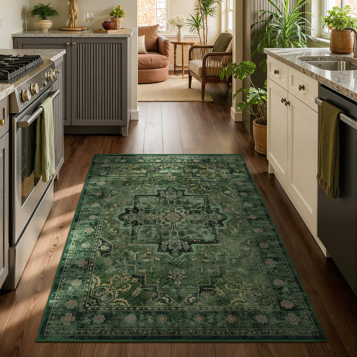 Vintage Distressed 5x7 Area Rugs for Living Room Bedroom Non Slip Washable, Medallion Pattern Printed Low Pile Thin Carpet Rugs for Dining Room/Kitchen/Home Office, Multi Brown Olive Accents
