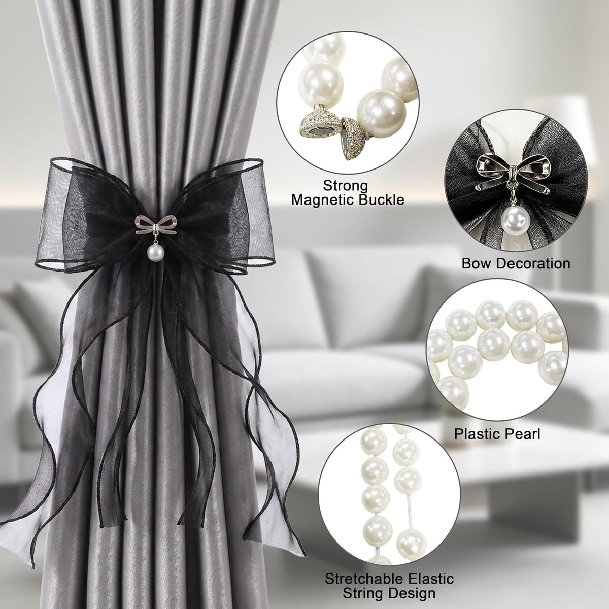 Pearl Bow Magnetic Curtain Tiebacks for Home Decor (2, Black)