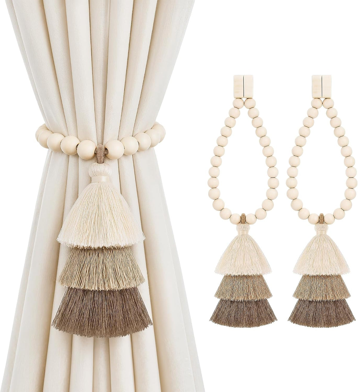 Magnetic Curtain Tiebacks, Wood Bead Curtain Holdbacks, Beige, 2 Pcs