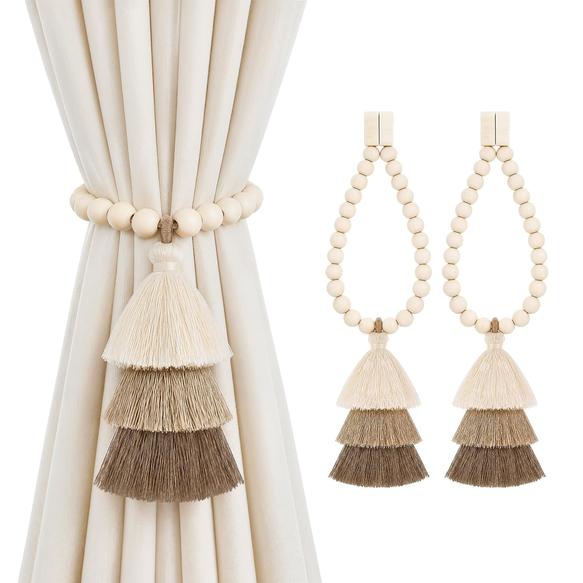Magnetic Curtain Tiebacks, Wood Bead Curtain Holdbacks, Beige, 2 Pcs