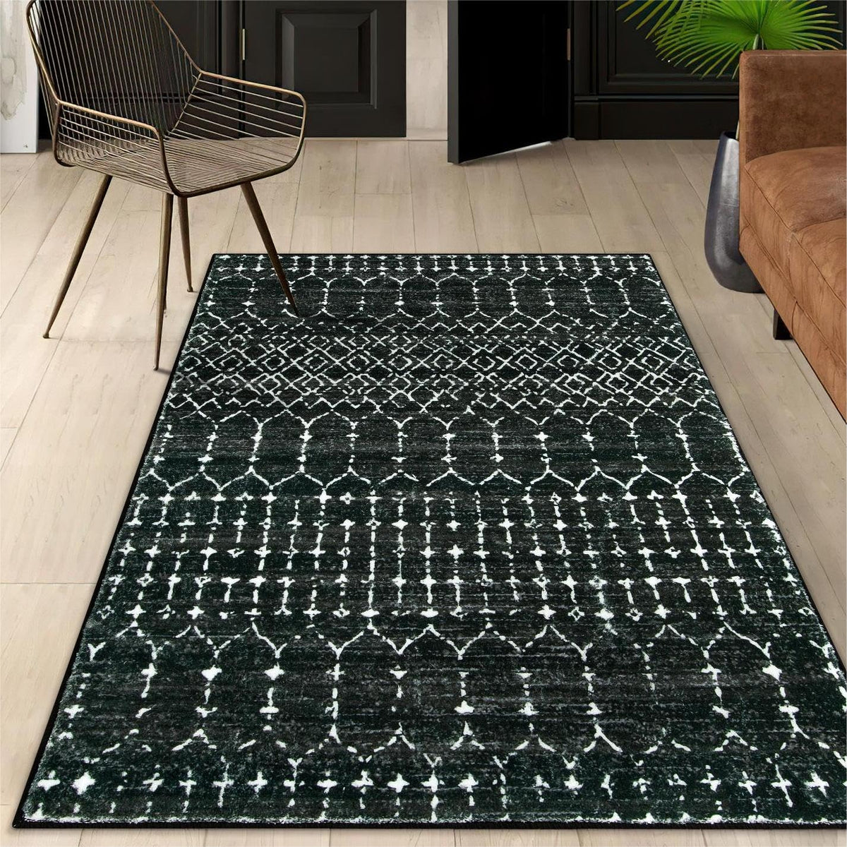 Lahome Moroccan Black Area Rug for Living Room 3x5 Non-Slip Washable Stain Resistant Large Kitchen Rugs Throw Low-Profile Soft Bedroom Carpet Geometric Print Rug for Entryway Dining Room Hana