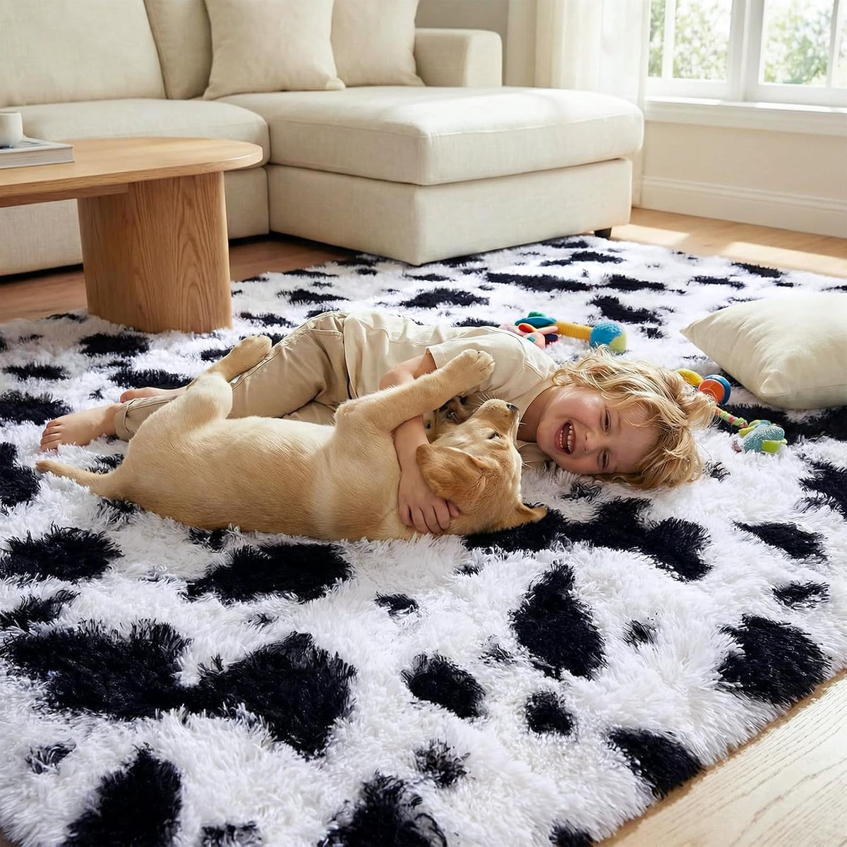 DweIke Fluffy Black White Rugs for Bedroom Living Room, 4x6 Feet Soft Plush Shaggy Cow Hide Print Girls Boys Kids Rug, Non-Slip and Machine Washable Carpet for Dorm Nursery Classroom Decor