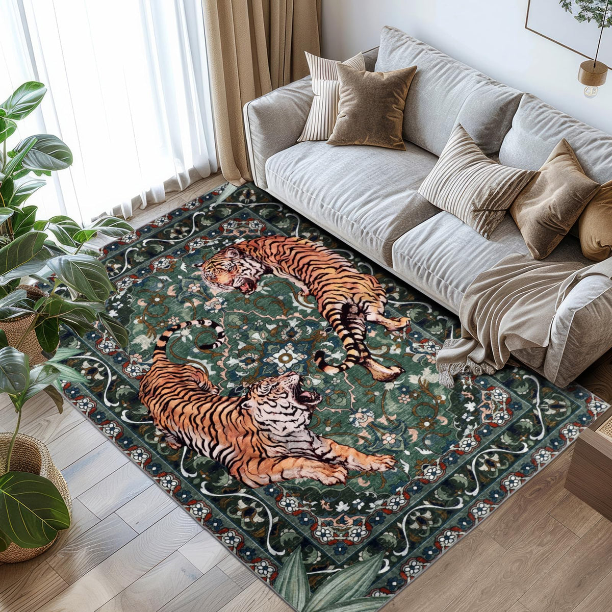 Tiger Round Area Rugs for Living Room 6ft, Boho Green Animal Print Bedroom Circle Rugs Non Slip, Washable Botanical Jungle Floor Carpet for Dining Room Entryway Nursery Playroom Office Spring