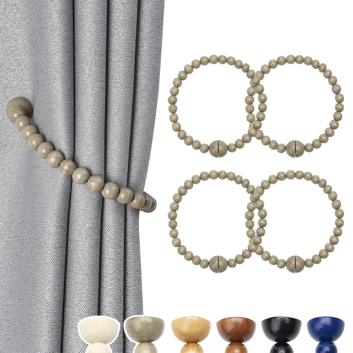 NICEEC 2 Pack Wood Bead Curtain Tiebacks Boho Farmhouse Decor Drape Tie Backs Strong Magnetic Natural Wooden Beaded Curtain Holdbacks for Home & Office Outdoor Window Draperies (Coffee)