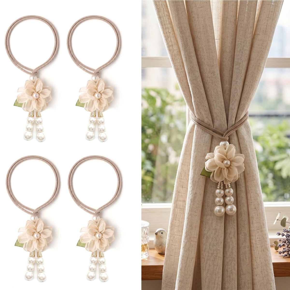 Adjustable Curtain Tiebacks， 4-Pack Hand-Woven Rope with Silk Flower & Pearl， Decorative Window Cord Holders for Drapery， Long Loop Design for All Curtain Thickness (Purple)