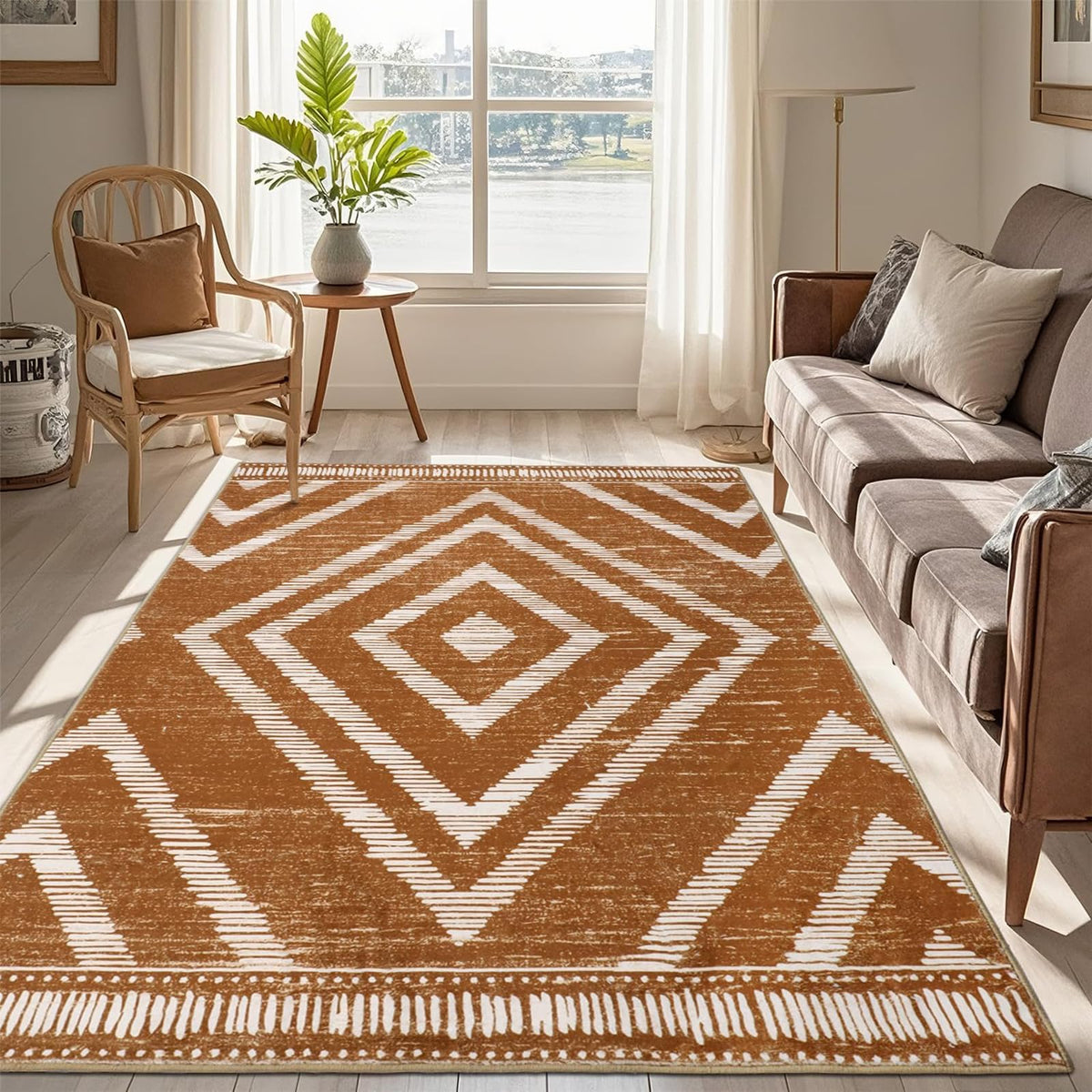 Boho Washable Rugs 5x7ft Non Slip, Low Pile Area Rug for Living Room, Brown Moroccan Bedroom Carpets, Non Shedding Soft Floor Carpet for Dining Room Bathroom Nursery Kitchen Office
