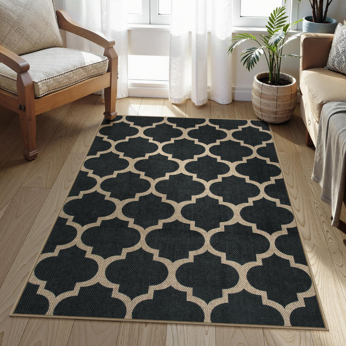 Lahome Modern Rainbow Easy Jute Carpet, Washable 5x7 Area Rugs for Living Room Patio Black Farmhouse Indoor Outdoor Rugs, Contemporary Natural Non Slip Floor Carpet for Office RV Backyard