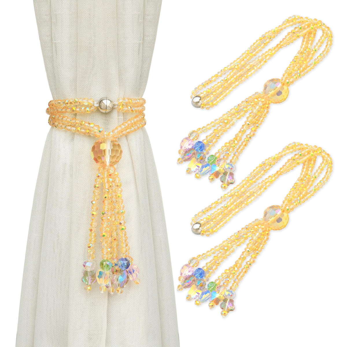 PEDOBO Magnetic Curtain Tiebacks, 2 Pack Crystal Beaded Tassel Sheer/Drapery Curtain Holdbacks, Boho Hanging Decor for Farmhouse Home Office (Crystal AB)