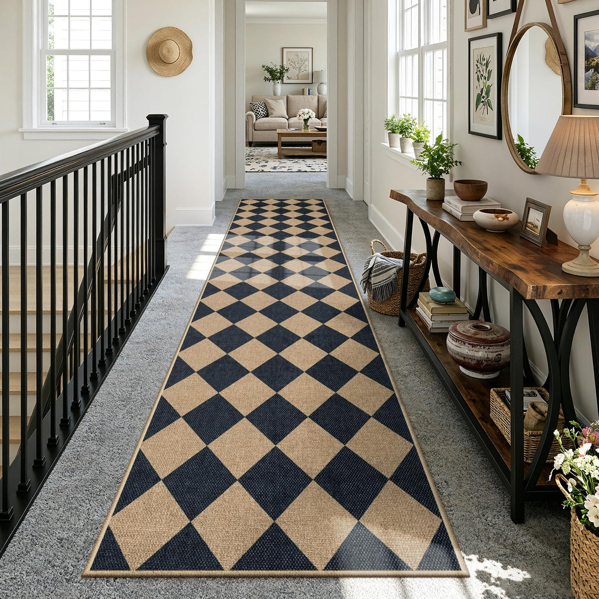 Lahome Checkered Easy Jute 5x7 Area Rugs, Washable Outdoor Patio Rug for Living Room Diamond Indoor Outdoor Carpet, Farmhouse Geometric Non Slip Black Carpet for Backyard Dining Room