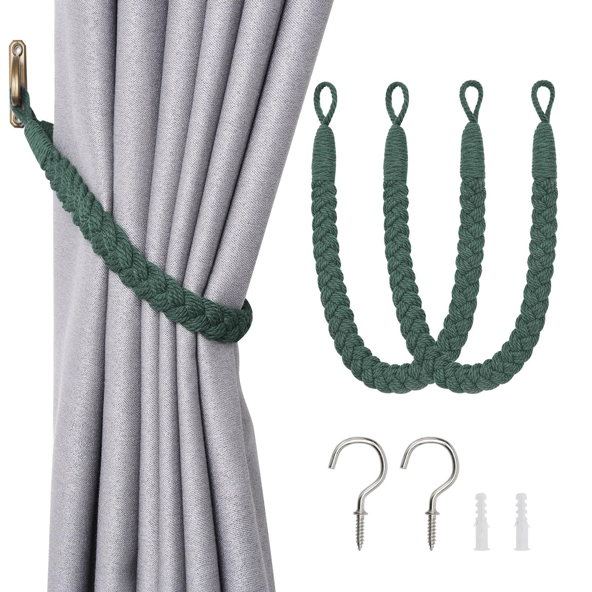 NICEEC 2 Pack Natural Cotton Rope Curtain Tiebacks Elegant Boho Style Decorative Drape Tie Backs Soft Hand-Woven Rope Curtain Holdbacks with Metal Hook for Home & Office Drapery (Coffee)