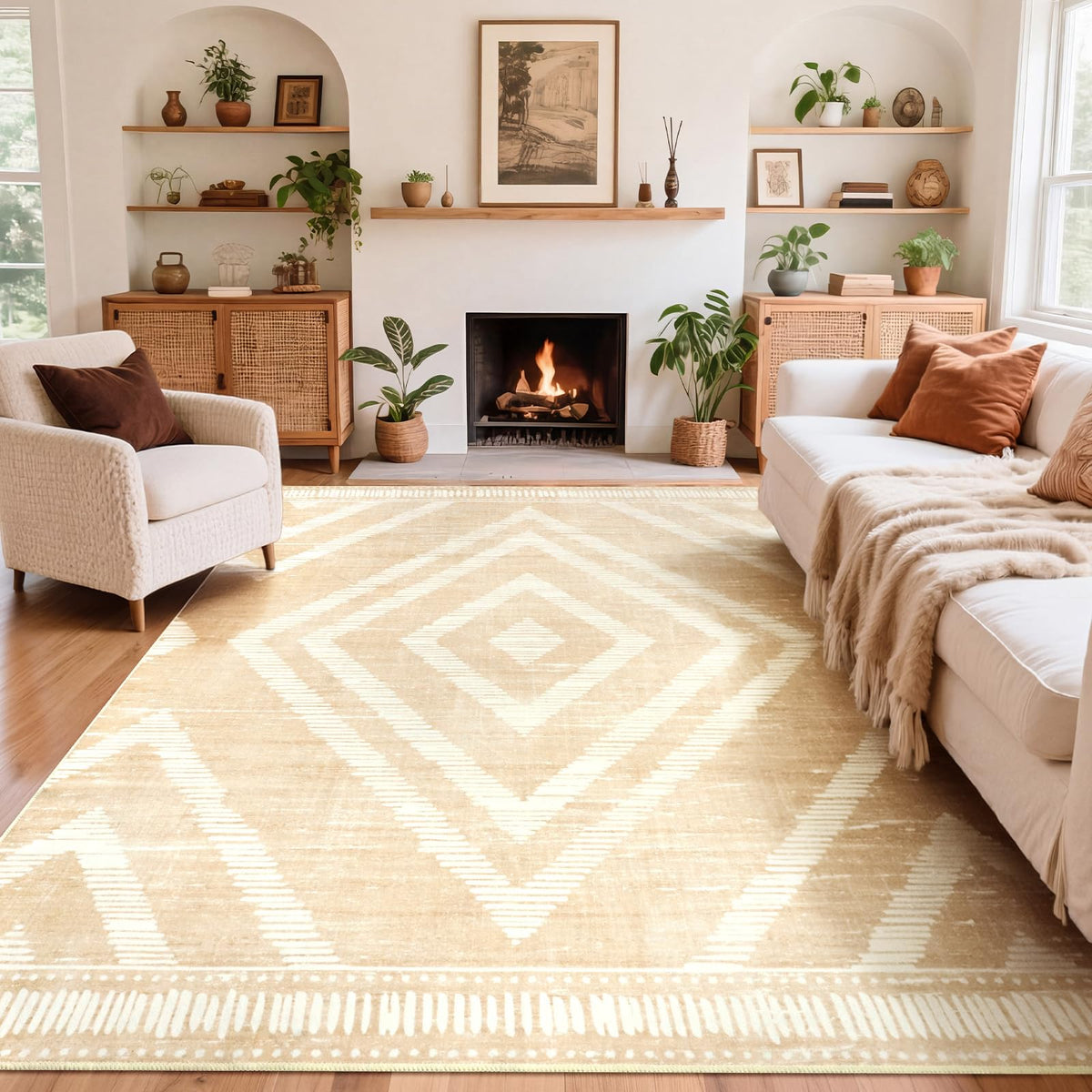 Boho Washable Rugs 5x7ft Non Slip, Low Pile Area Rug for Living Room, Brown Moroccan Bedroom Carpets, Non Shedding Soft Floor Carpet for Dining Room Bathroom Nursery Kitchen Office