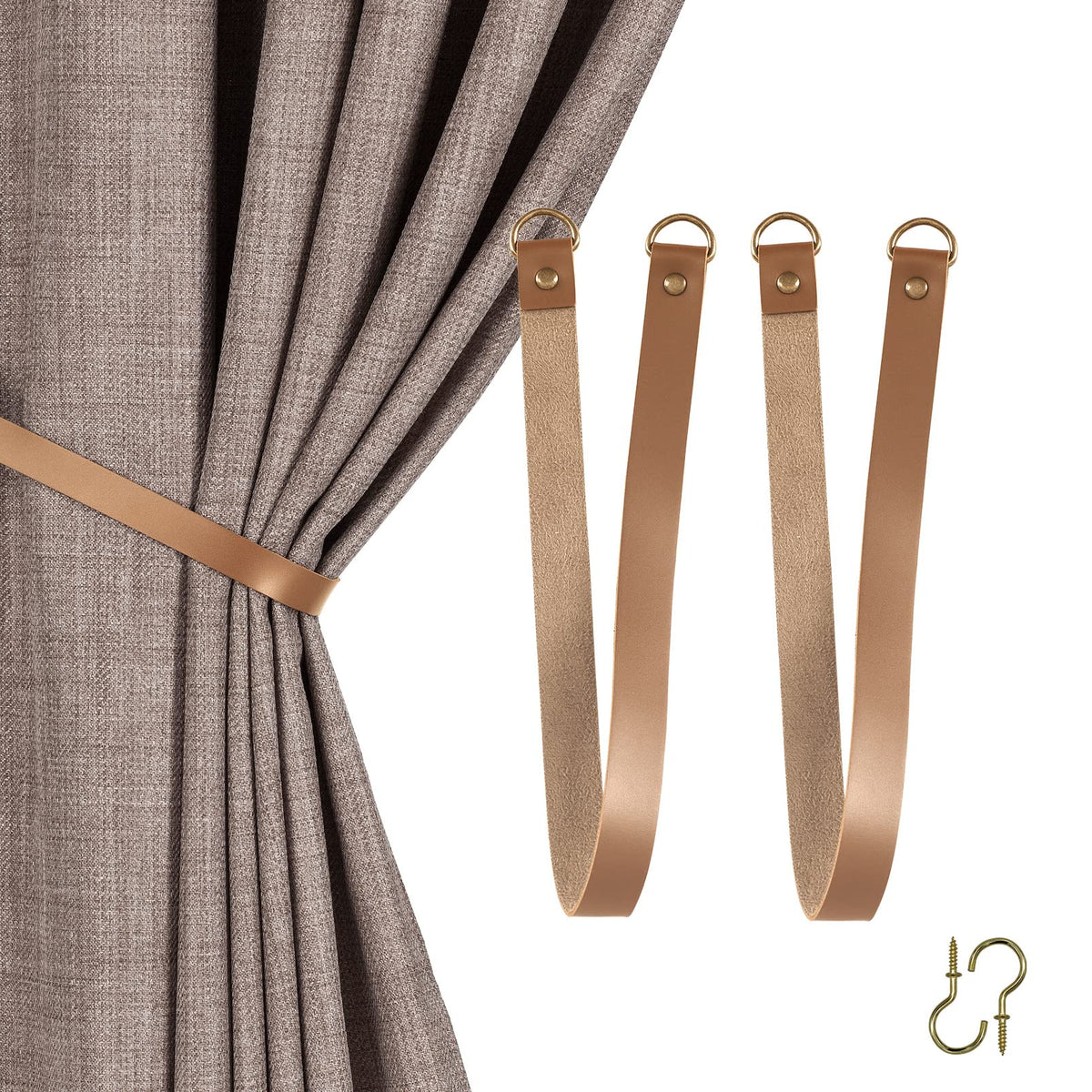 HOME QUEEN Faux Leather Curtain Tiebacks with Hooks, 2 Pack, Chocolate