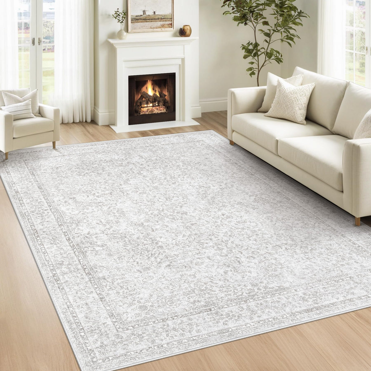 Bedroom Rug Washable Large Area Rugs Foldable Low Pile Print Non Slip Boho Patterned Rugs for Bedroom Living Room Dining Home Office (Floral Beige, 5'x7')