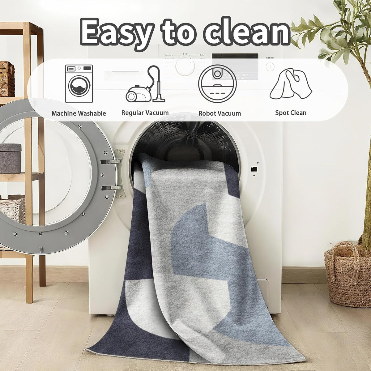 8x10 Geometric Washable Area Rug, Rugs for Living Room, Blue Grey