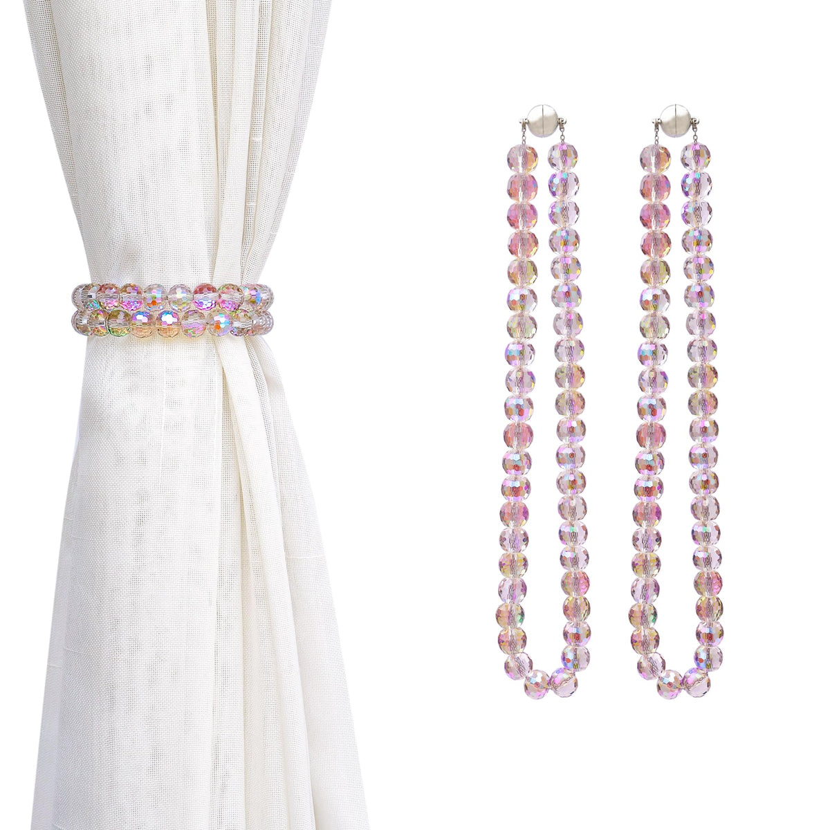 PEDOBO Magnetic Curtain Tiebacks, Faceted Disco Crystal Glass Beaded Curtain Tiebacks Drapery Shower Sheer Curtain Holdbacks Boho Farmhouse Home Decor (AB)
