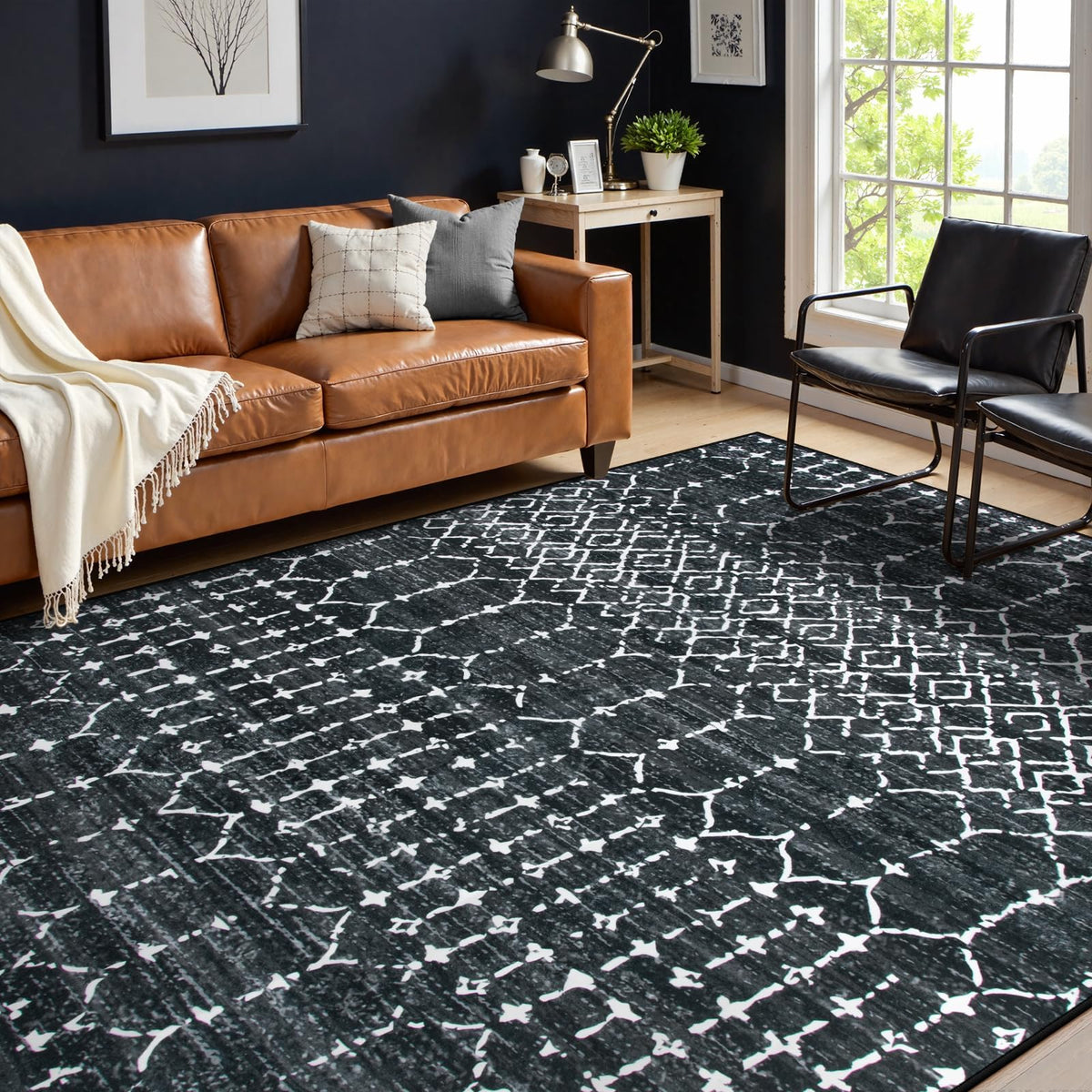 Lahome Moroccan Black Area Rug for Living Room 3x5 Non-Slip Washable Stain Resistant Large Kitchen Rugs Throw Low-Profile Soft Bedroom Carpet Geometric Print Rug for Entryway Dining Room Hana