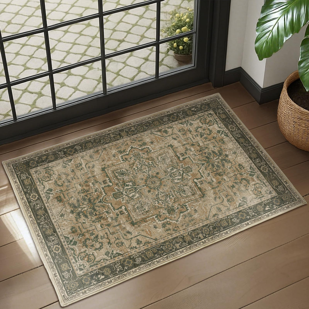Vintage Distressed 5x7 Area Rugs for Living Room Bedroom Non Slip Washable, Medallion Pattern Printed Low Pile Thin Carpet Rugs for Dining Room/Kitchen/Home Office, Multi Brown Olive Accents