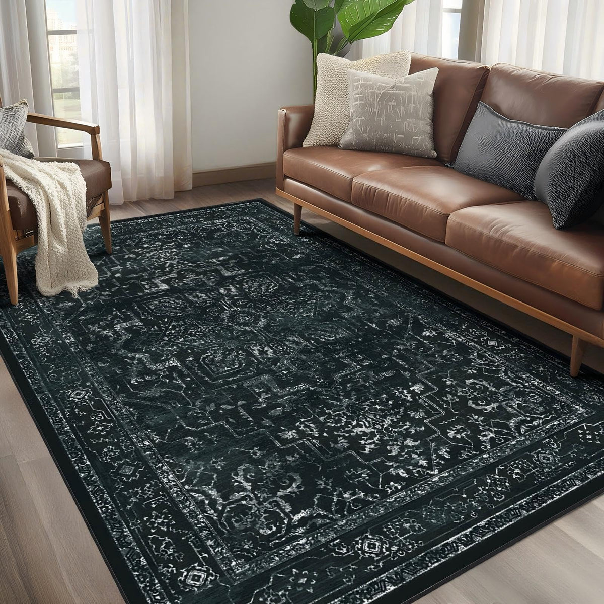 Vintage Distressed 5x7 Area Rugs for Living Room Bedroom Non Slip Washable, Medallion Pattern Printed Low Pile Thin Carpet Rugs for Dining Room/Kitchen/Home Office, Multi Brown Olive Accents