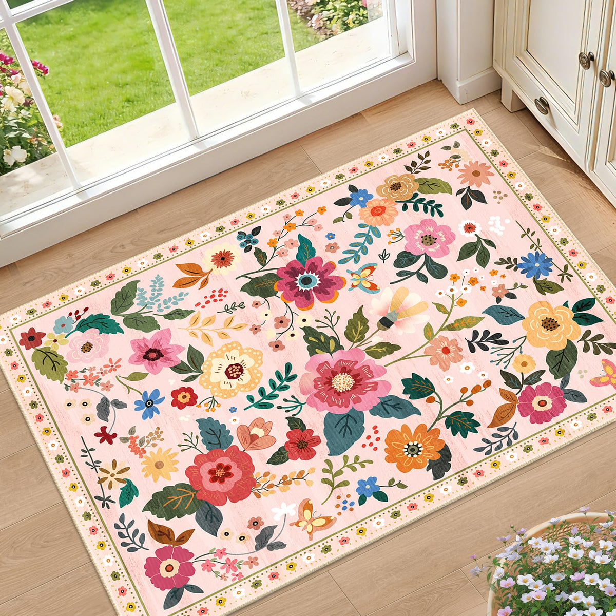 RELEANY Floral Washable 5x7 Area Rugs Black