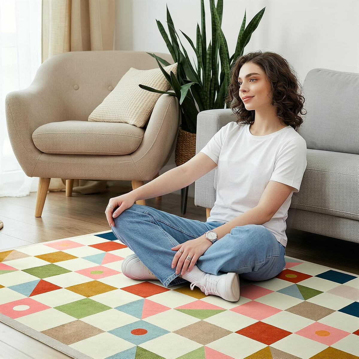Terrug Multicolored Geometric Checkered Rug for Living Room, 5x7 Area Rugs