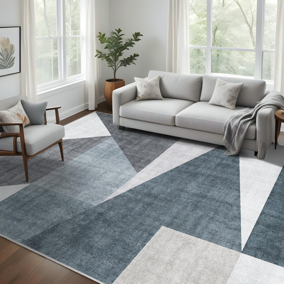 5x7 Washable Area Rug for Living Room - Non-Slip Geometric Rugs Blue Grey